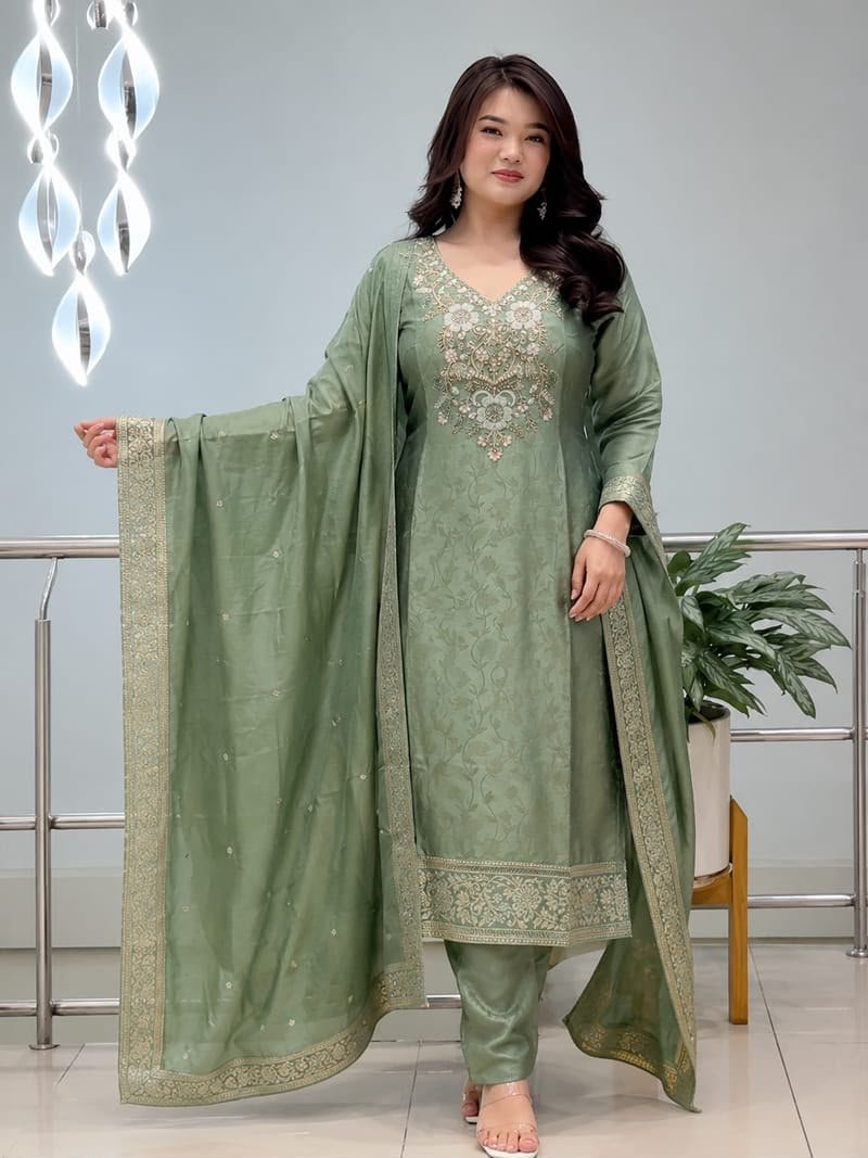 Premium Malay Glass Tissue Kanjivaram Handwork Suit Set for Women - Image 3