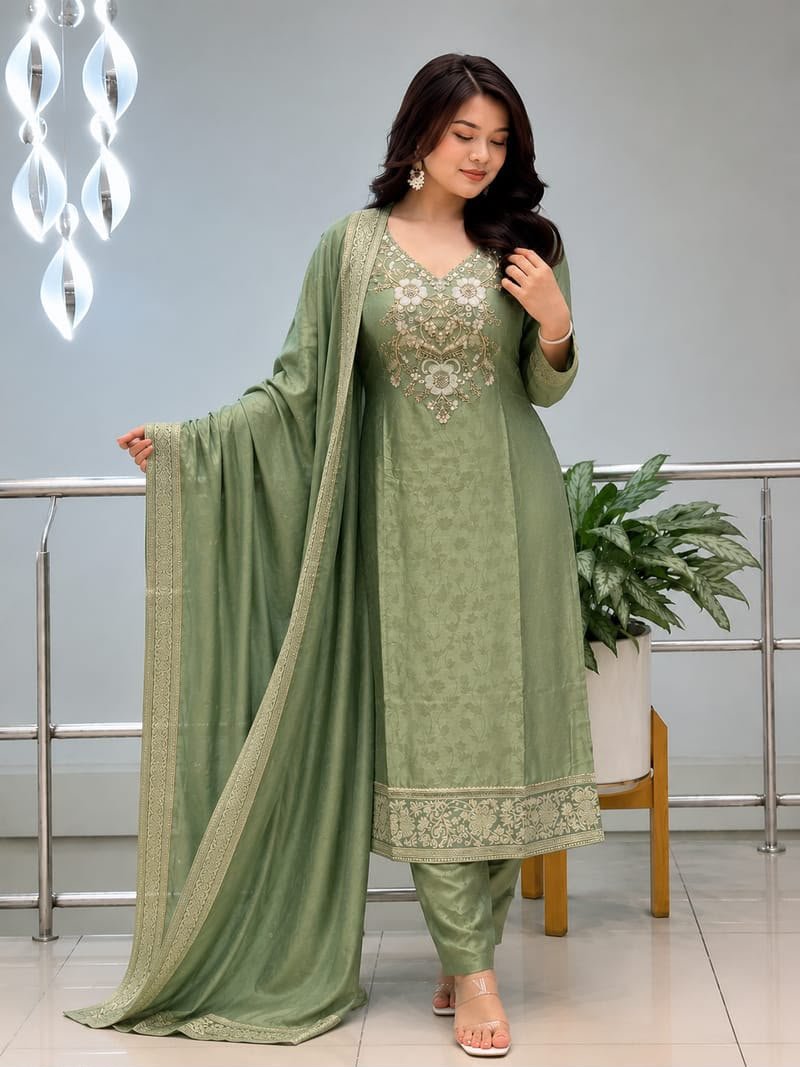 Premium Malay Glass Tissue Kanjivaram Handwork Suit Set for Women