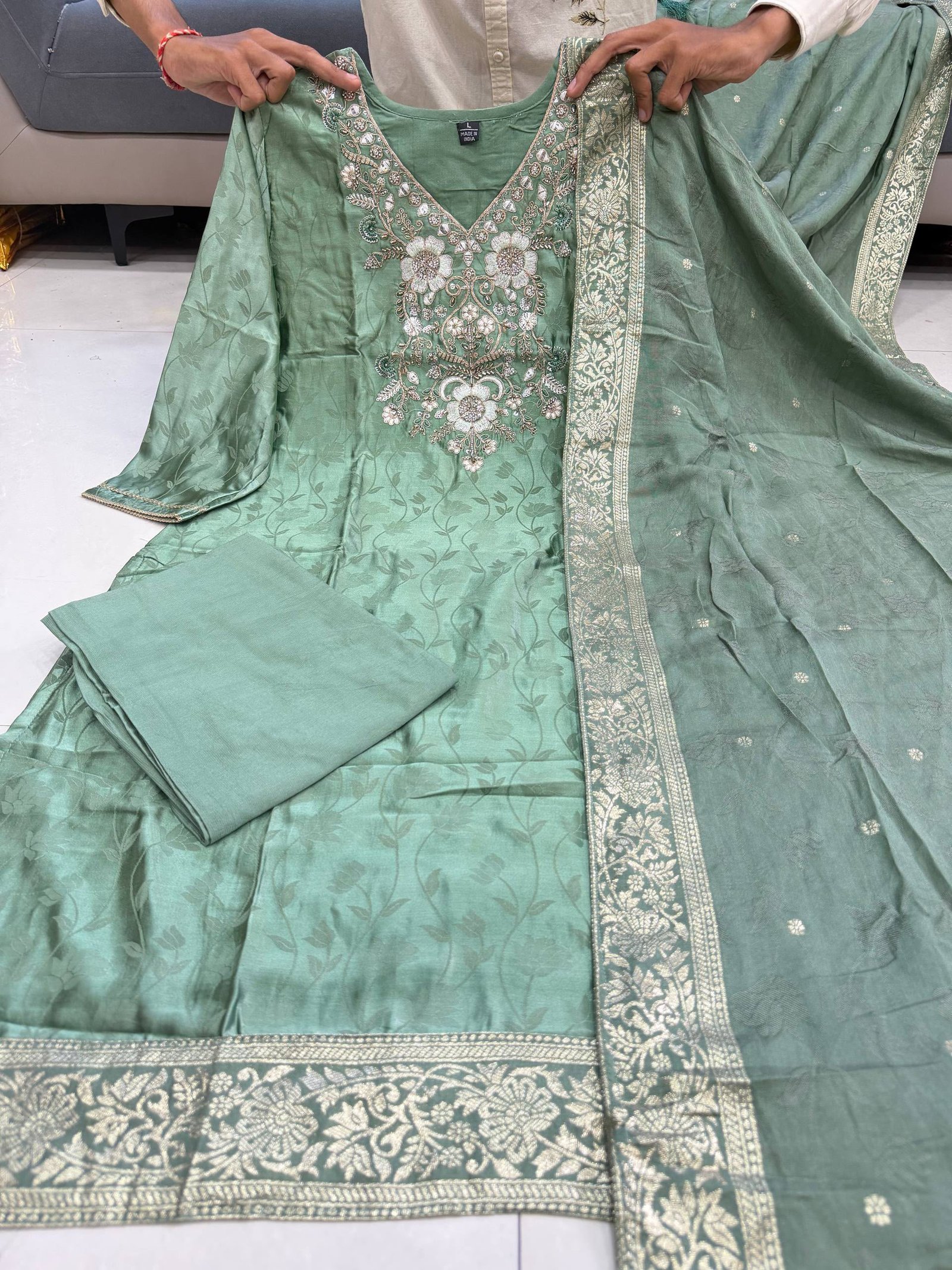 Premium Malay Glass Tissue Kanjivaram Handwork Suit Set for Women - Image 4