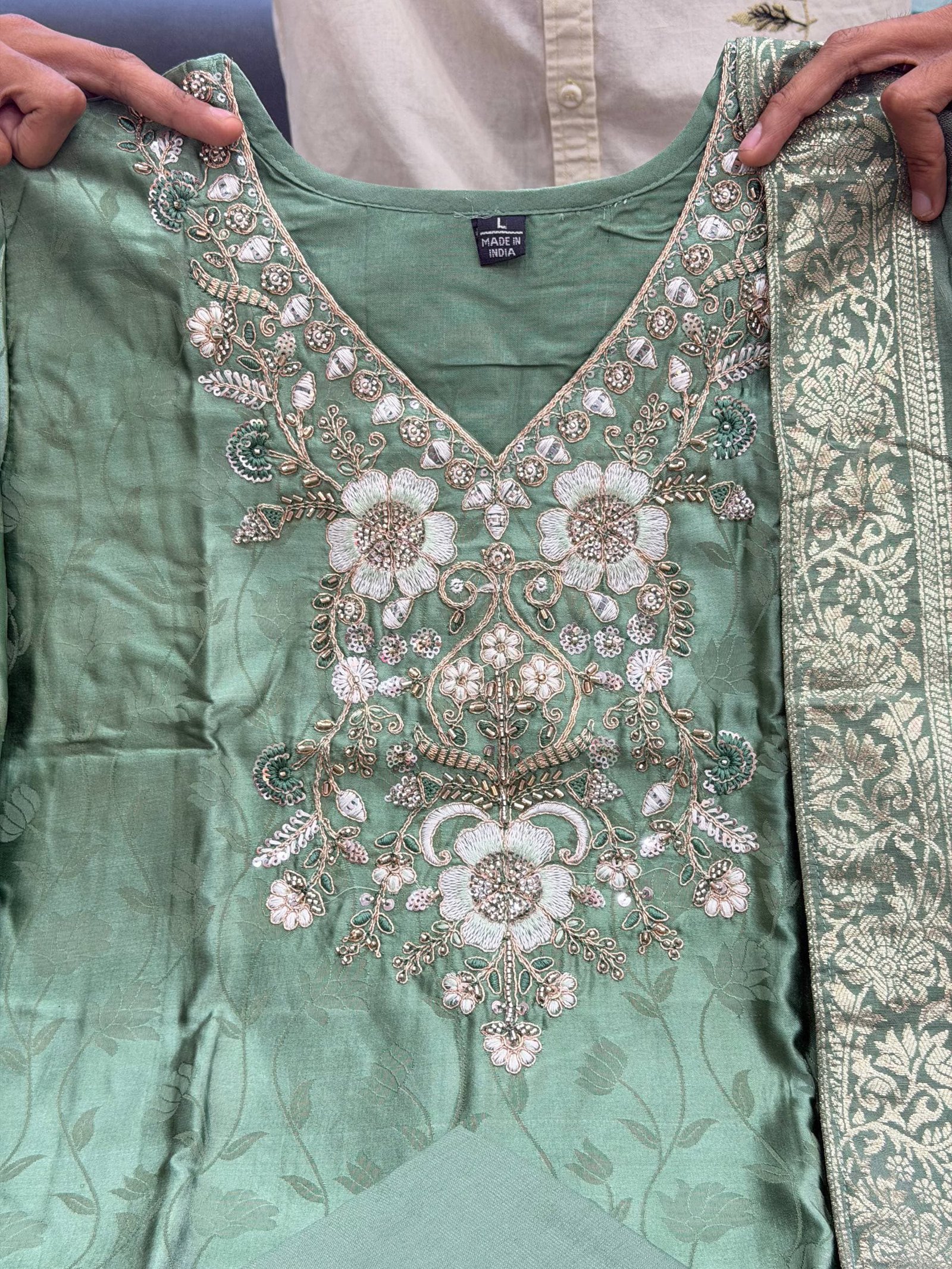 Premium Malay Glass Tissue Kanjivaram Handwork Suit Set for Women - Image 6