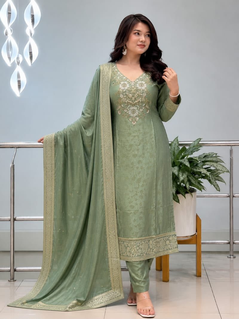 Premium Malay Glass Tissue Kanjivaram Handwork Suit Set for Women - Image 2