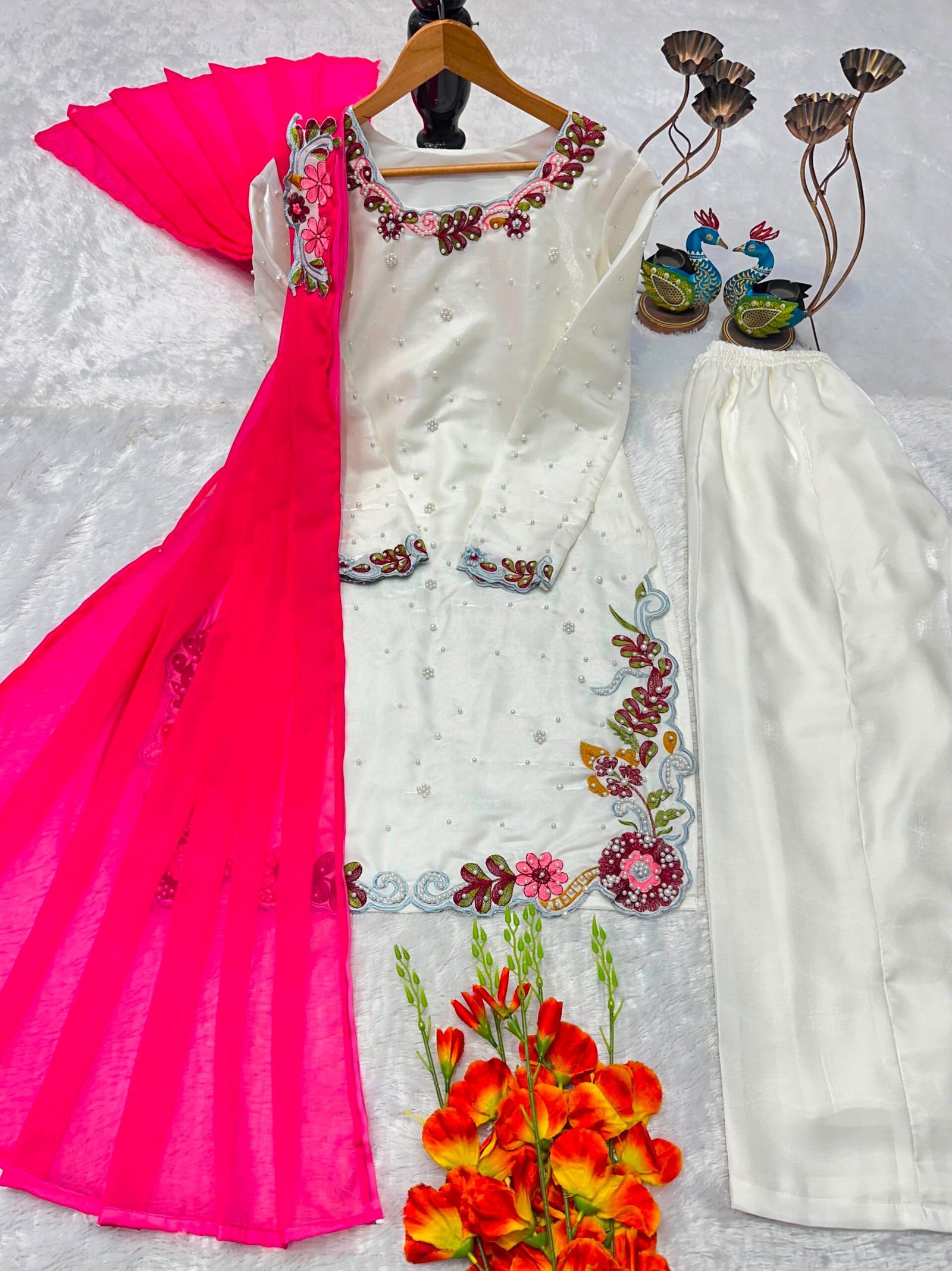 Premium Roman Glass Embroidered Kurta Pant Dupatta Set for Women | Moti Work Designer Suit Set - Image 5