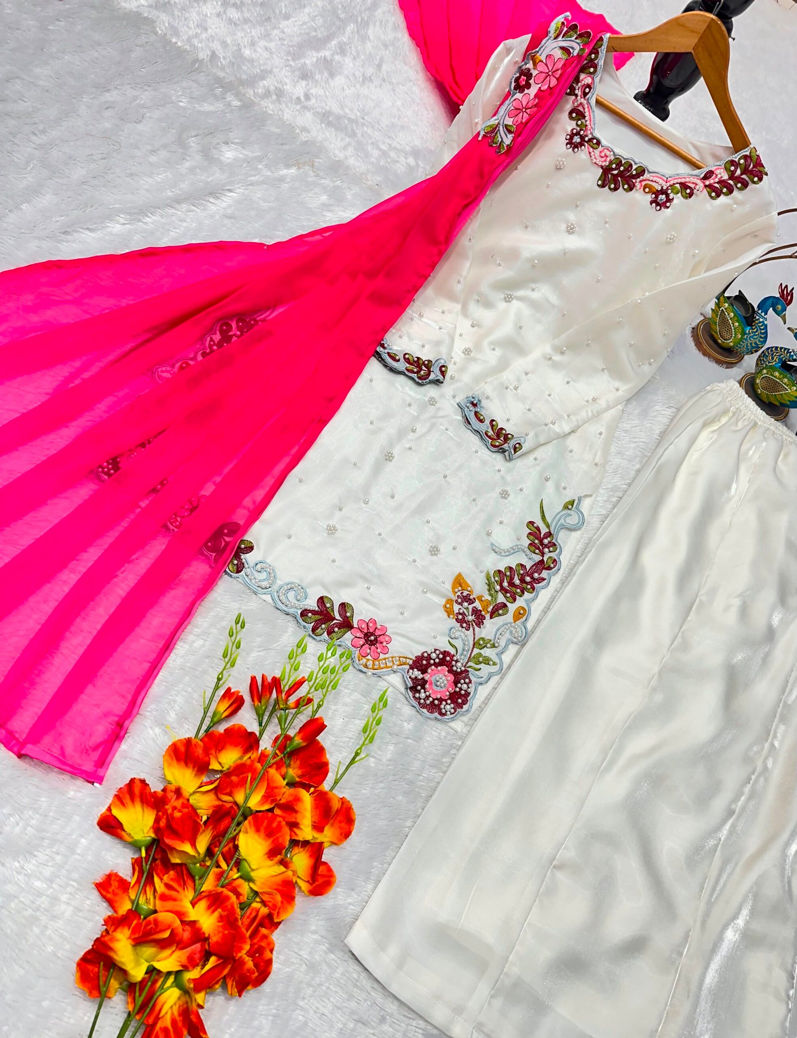 Premium Roman Glass Embroidered Kurta Pant Dupatta Set for Women | Moti Work Designer Suit Set - Image 6