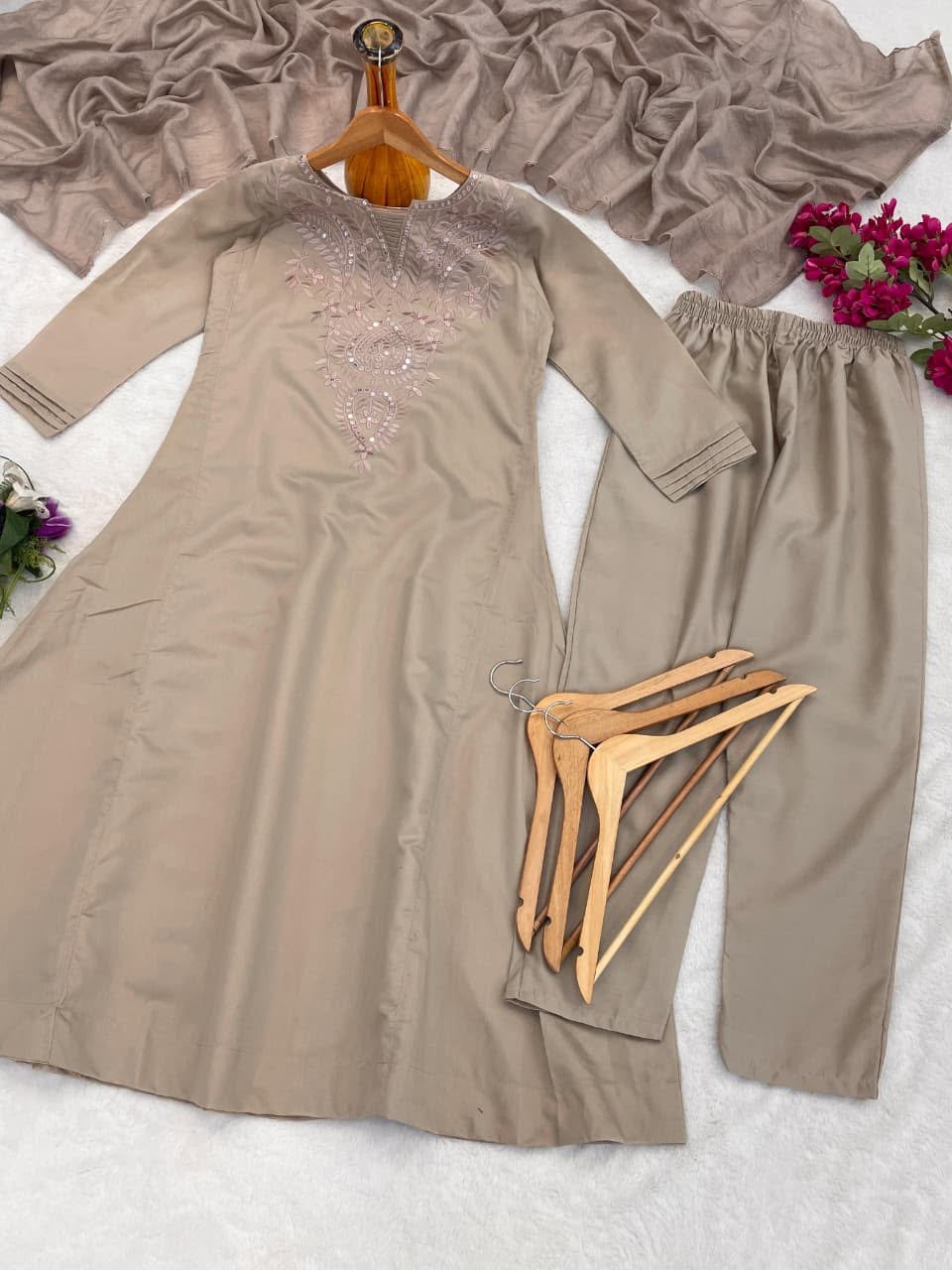 Premium Roman Silk Embroidered Kurta Pant Set with Chanderi Silk Dupatta for Women - Image 3