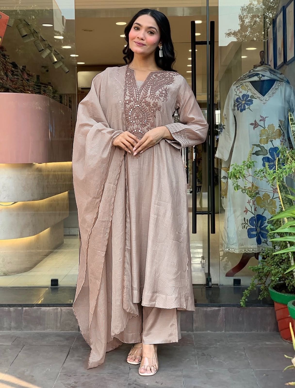 Premium Roman Silk Embroidered Kurta Pant Set with Chanderi Silk Dupatta for Women