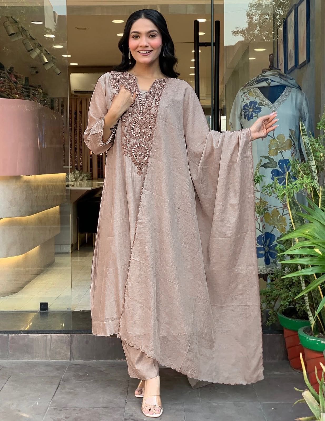 Premium Roman Silk Embroidered Kurta Pant Set with Chanderi Silk Dupatta for Women - Image 6