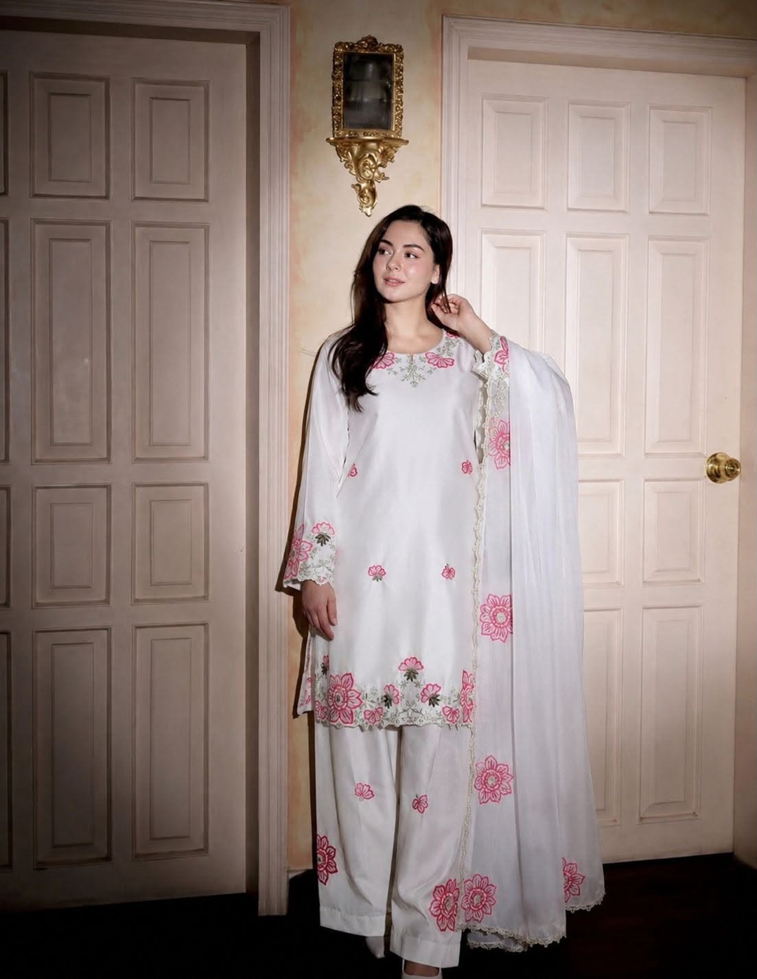 Pure Devsena Silk Heavy Embroidered Farshi Shalwar Suit Set with Organza Dupatta - Image 3