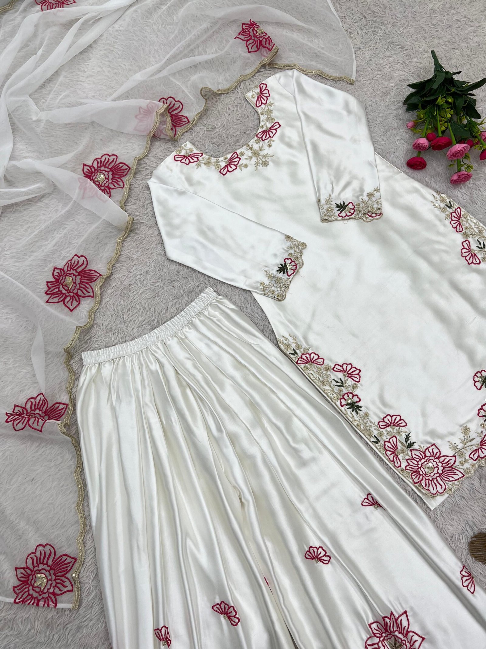 Pure Devsena Silk Heavy Embroidered Farshi Shalwar Suit Set with Organza Dupatta - Image 8
