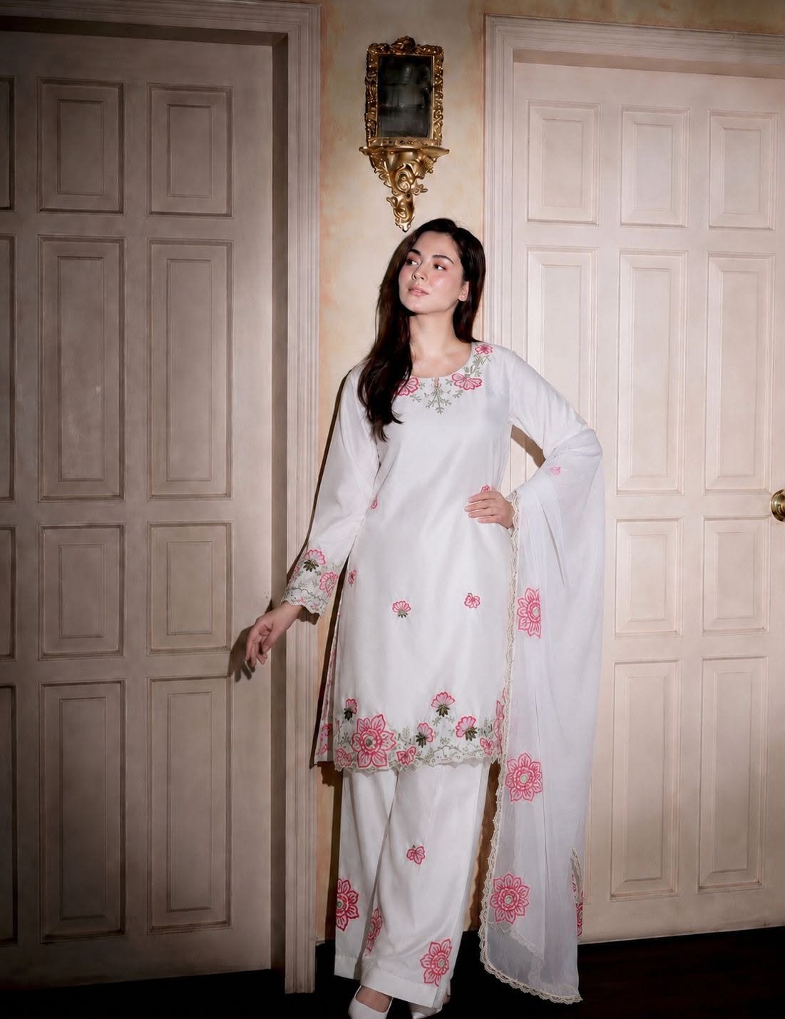 Pure Devsena Silk Heavy Embroidered Farshi Shalwar Suit Set with Organza Dupatta