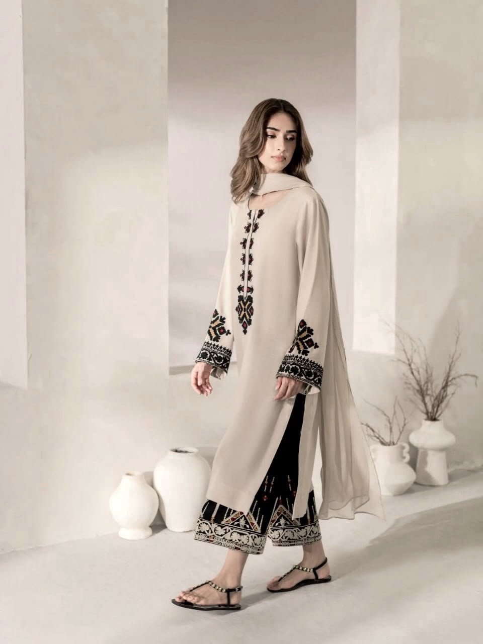 Women's Premium Rayon Satin Thread Work Kurta Plazo Set with Foux Georgette Dupatta - Image 2