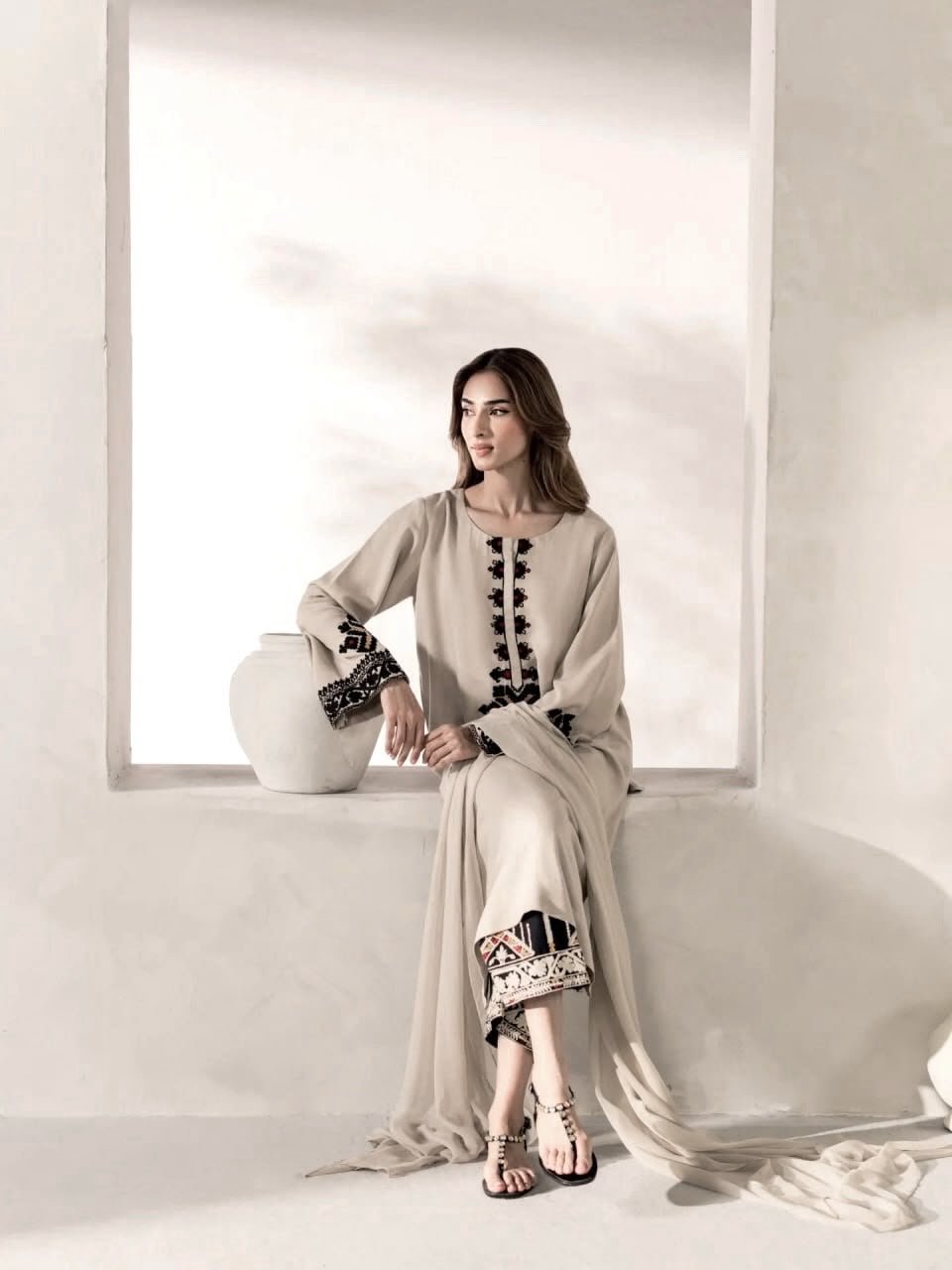 Women's Premium Rayon Satin Thread Work Kurta Plazo Set with Foux Georgette Dupatta - Image 3
