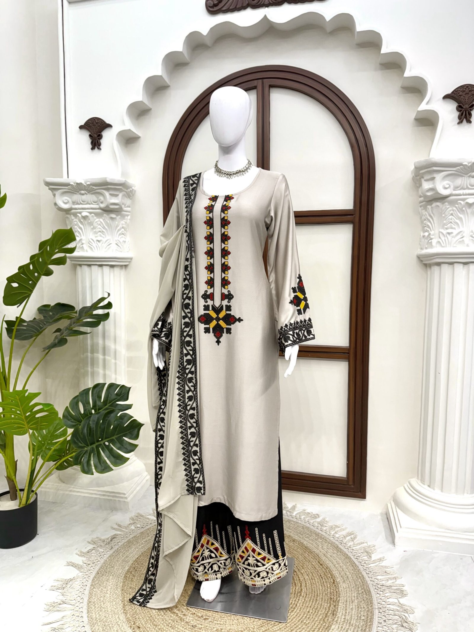 Women's Premium Rayon Satin Thread Work Kurta Plazo Set with Foux Georgette Dupatta - Image 5