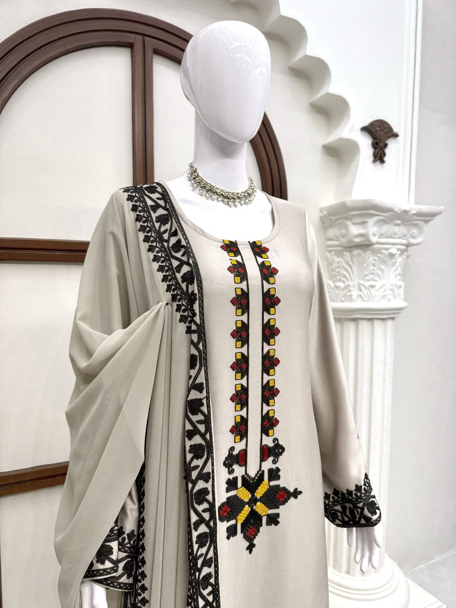 Women's Premium Rayon Satin Thread Work Kurta Plazo Set with Foux Georgette Dupatta - Image 6