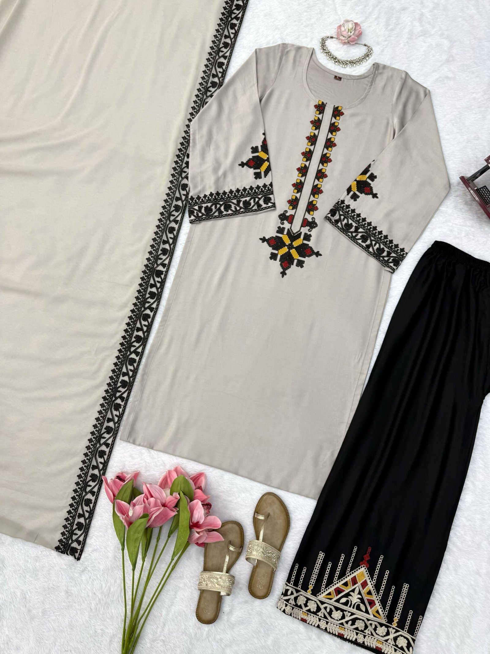 Women's Premium Rayon Satin Thread Work Kurta Plazo Set with Foux Georgette Dupatta - Image 9