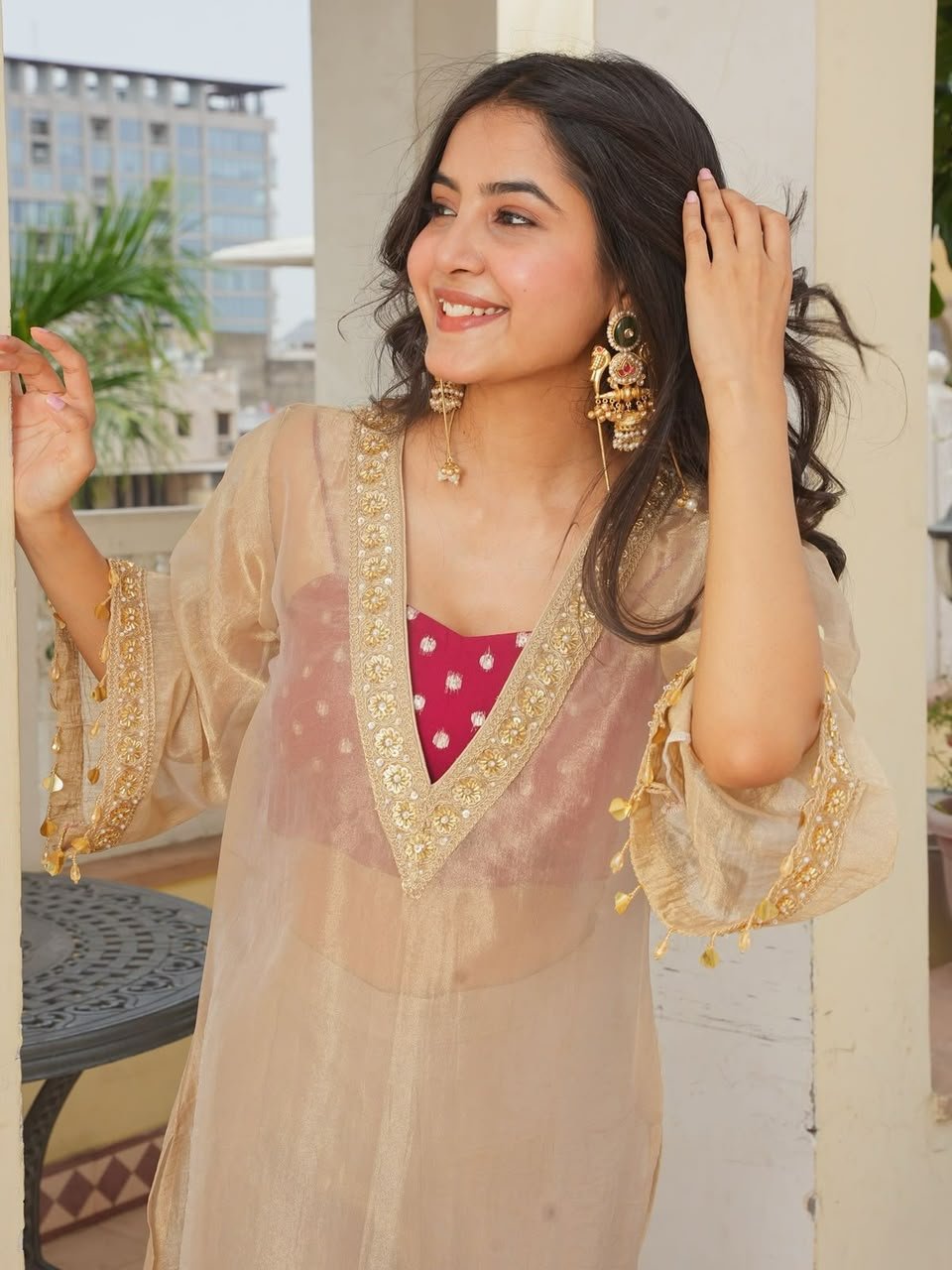 Women's Pure Golden Tissue Salsa Embroidered Kurta Palazzo & Blouse Set | Designer Party Wear 3 Piece Suit - Image 3