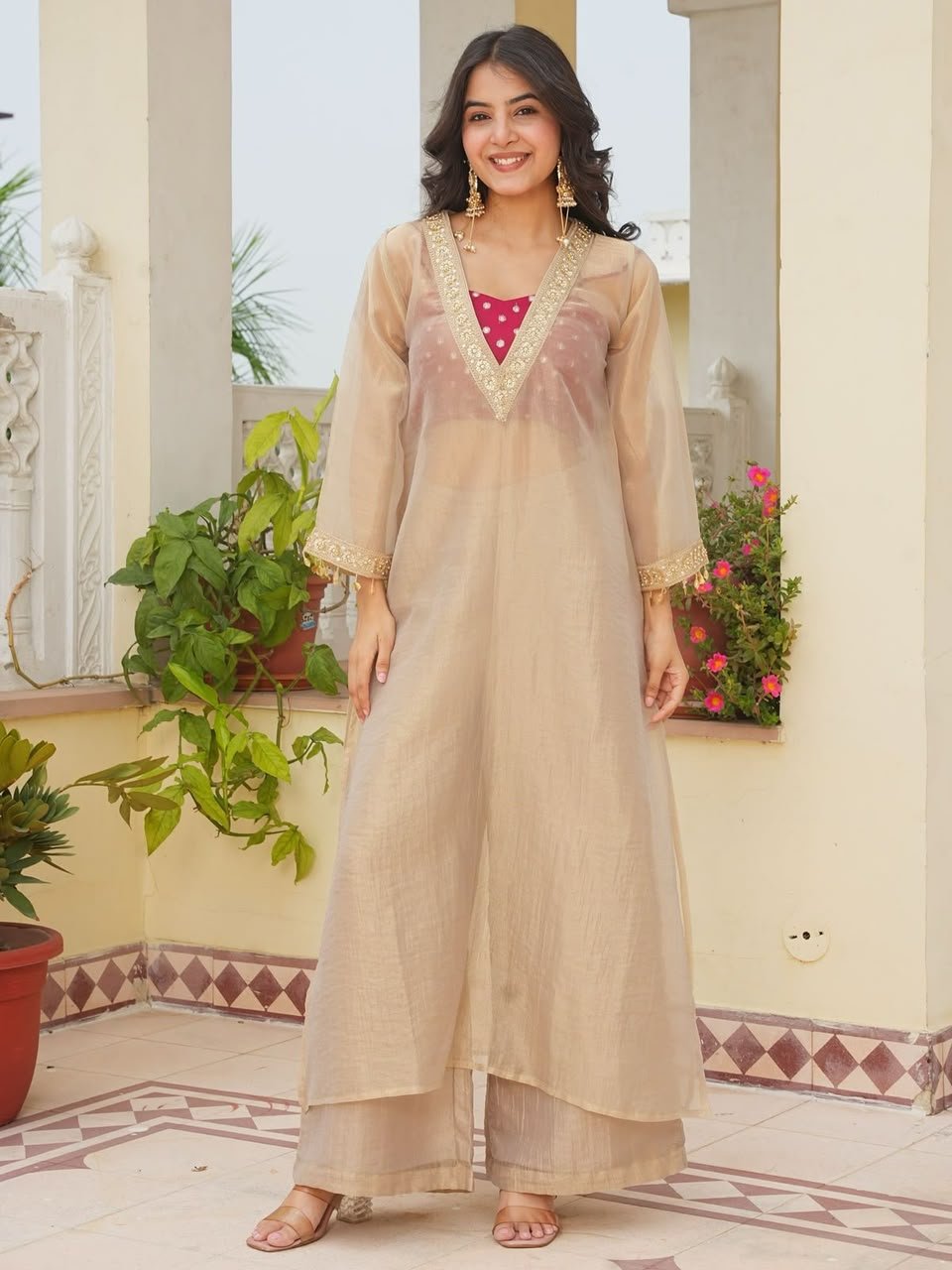 Women's Pure Golden Tissue Salsa Embroidered Kurta Palazzo & Blouse Set | Designer Party Wear 3 Piece Suit