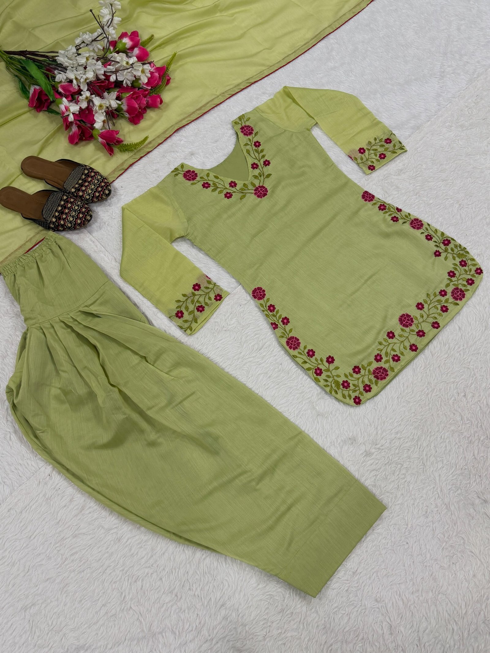 Designer Mal Chanderi Cotton Party Wear Top with Farshi Salwar & Dupatta - Image 5