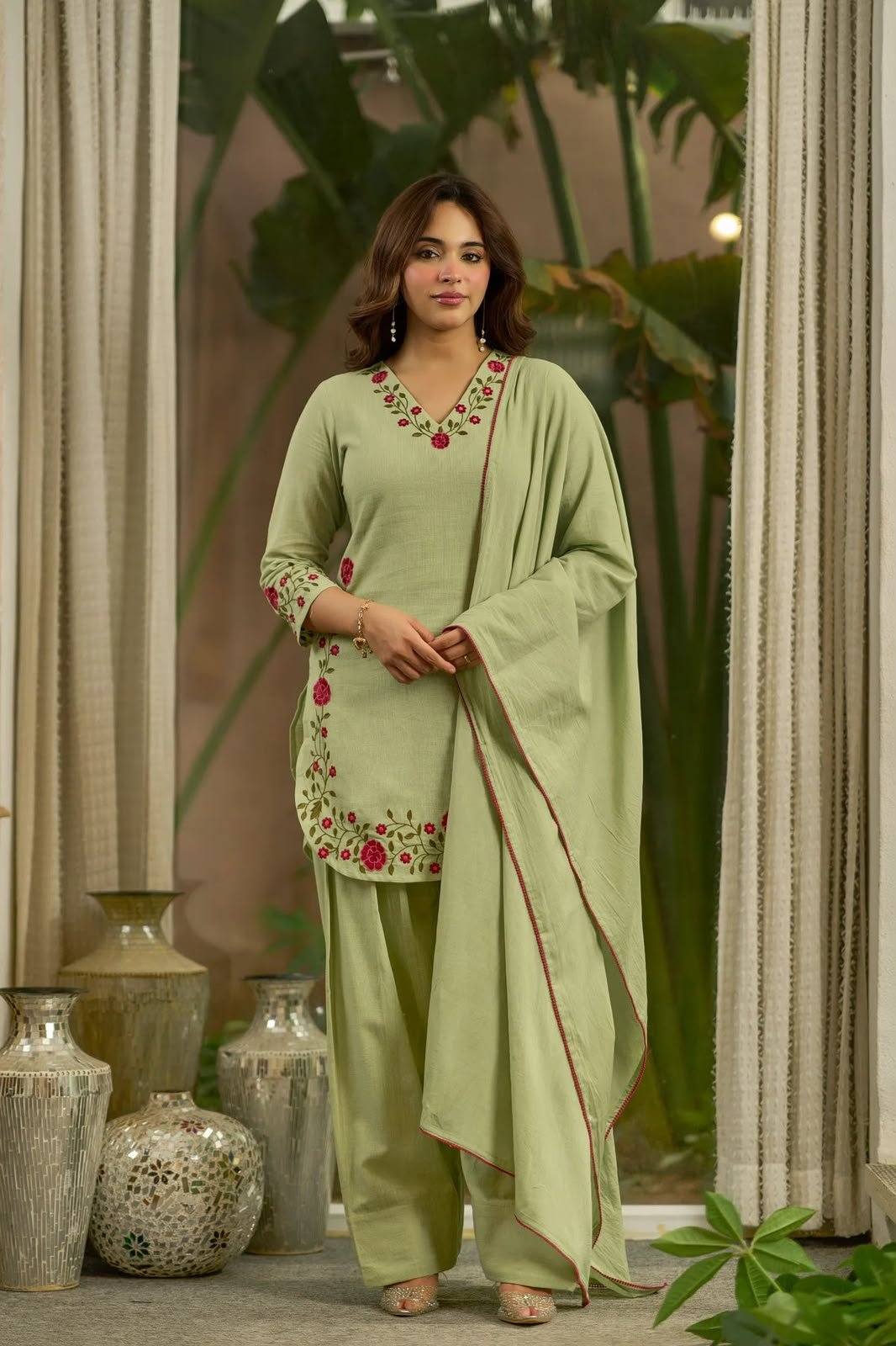 Designer Mal Chanderi Cotton Party Wear Top with Farshi Salwar & Dupatta - Image 2