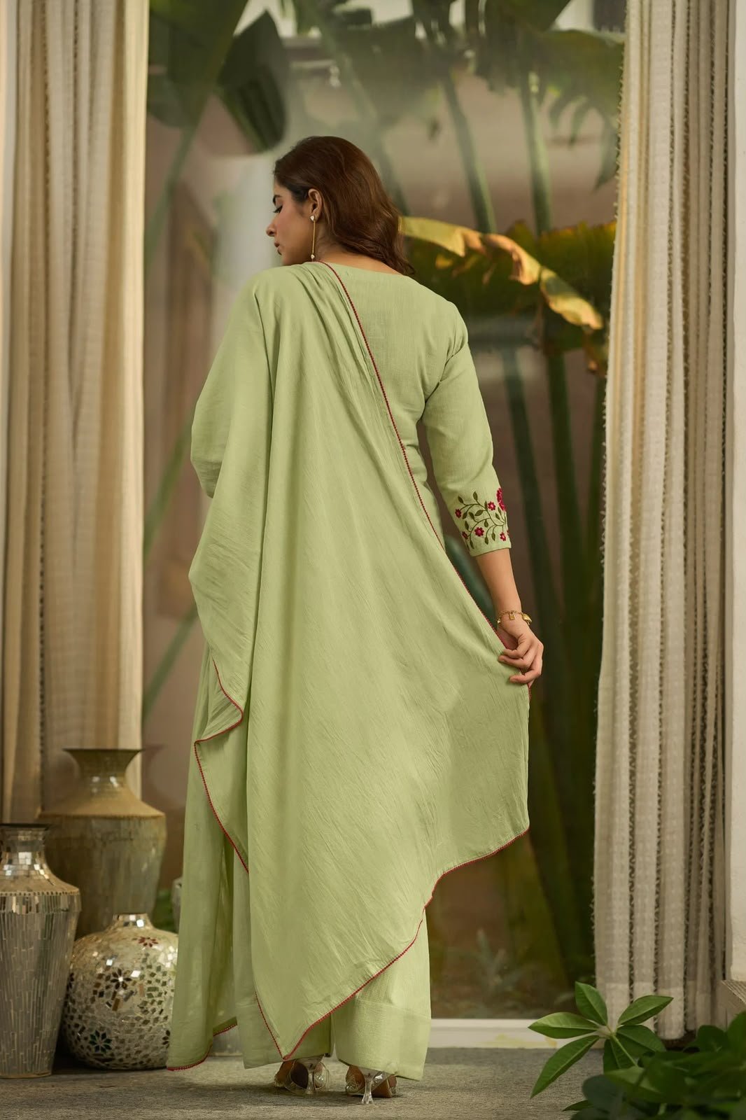 Designer Mal Chanderi Cotton Party Wear Top with Farshi Salwar & Dupatta - Image 3