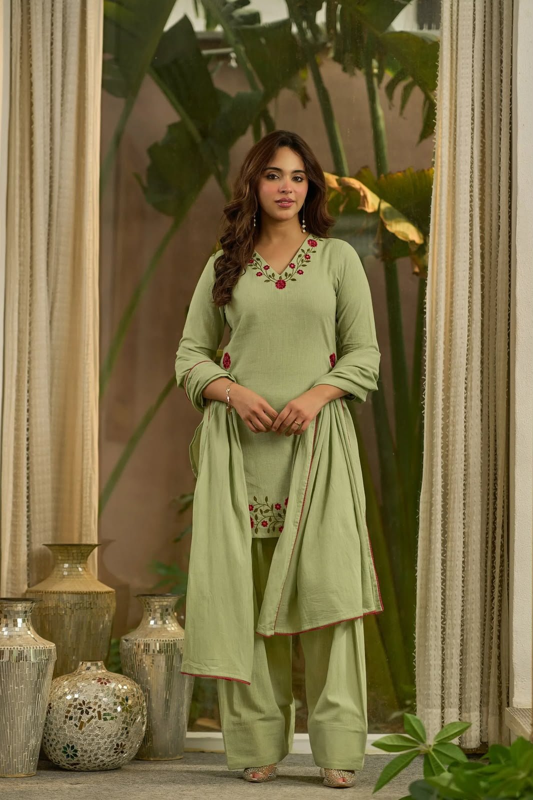 Designer Mal Chanderi Cotton Party Wear Top with Farshi Salwar & Dupatta - Image 4