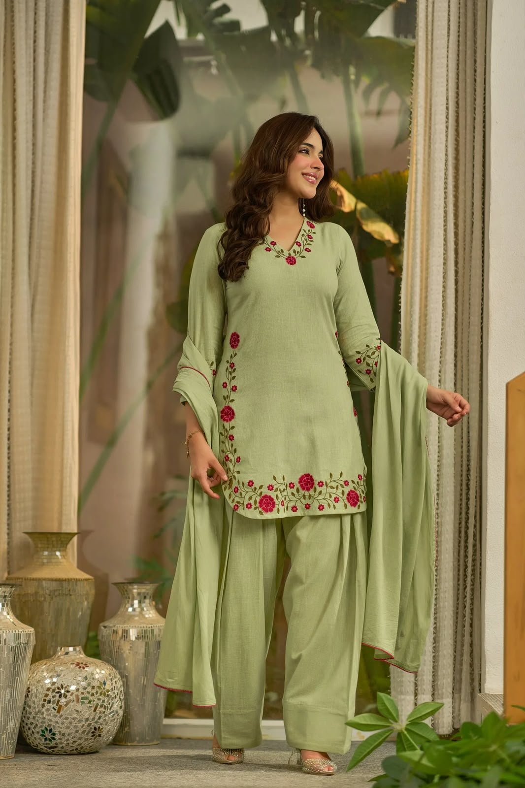 Designer Mal Chanderi Cotton Party Wear Top with Farshi Salwar & Dupatta